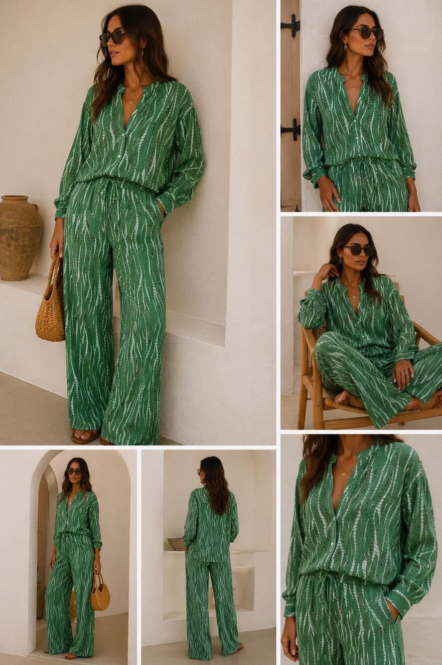 Viral Zara Co-Ord Set Wide Leg Pants Tunic Green Sheer Lightweight XL Outfit